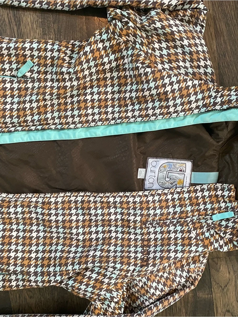 Burton Kids Brown Houndstooth Hooded Raincoat with Mint Accents